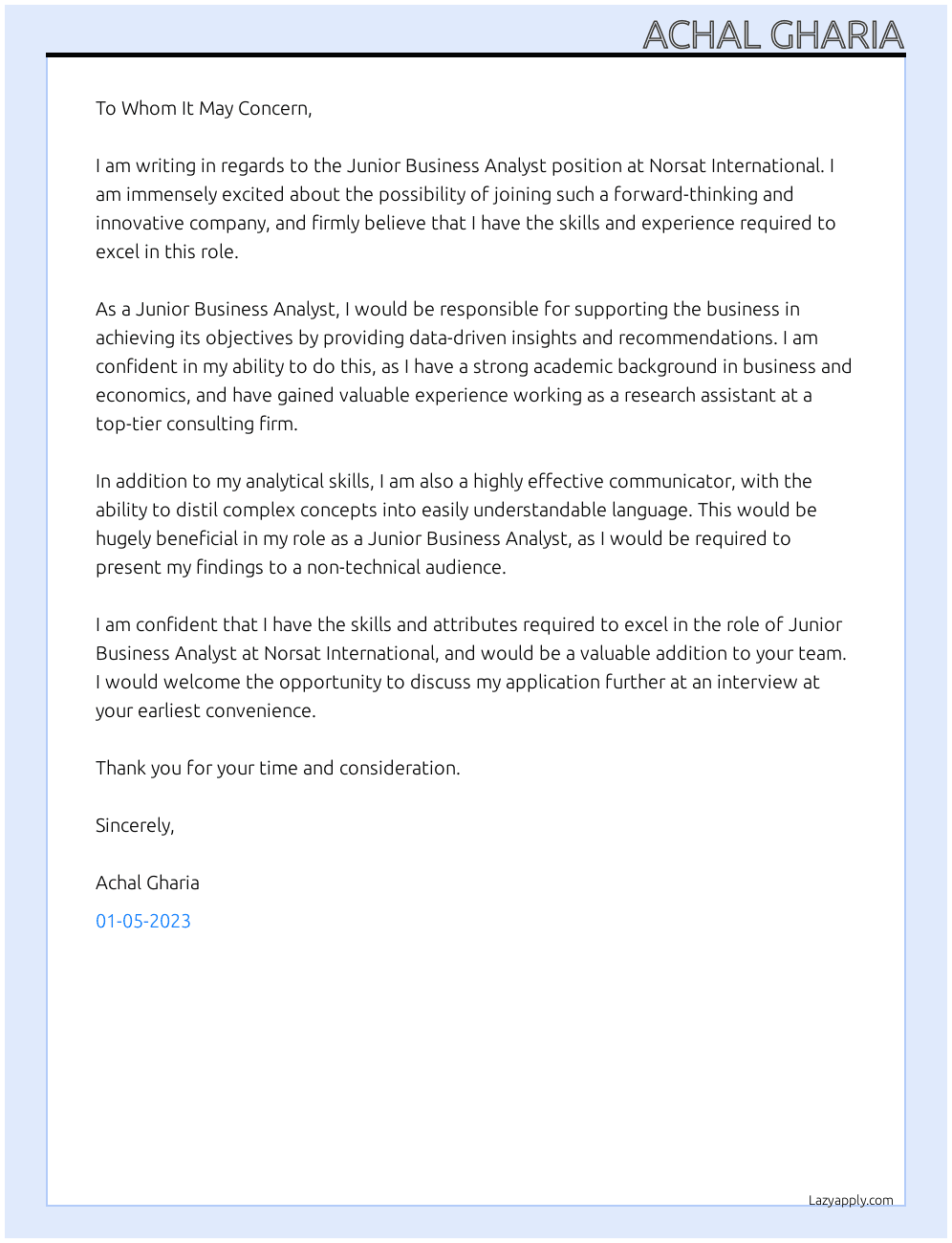 Junior Business Analyst At Norsat International Cover Letter