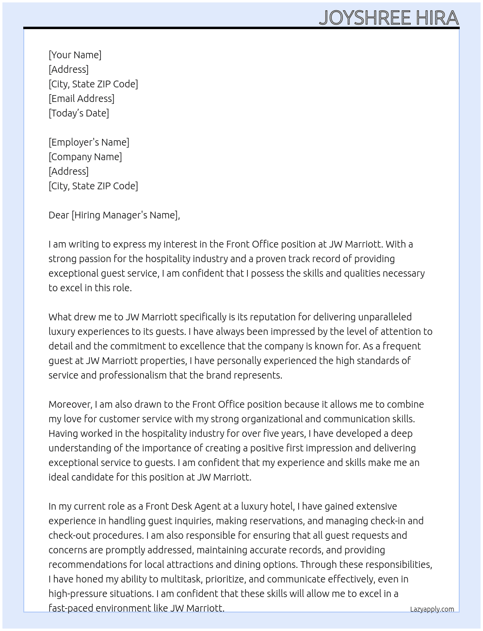 Front office  At Jw marriot  Cover Letter