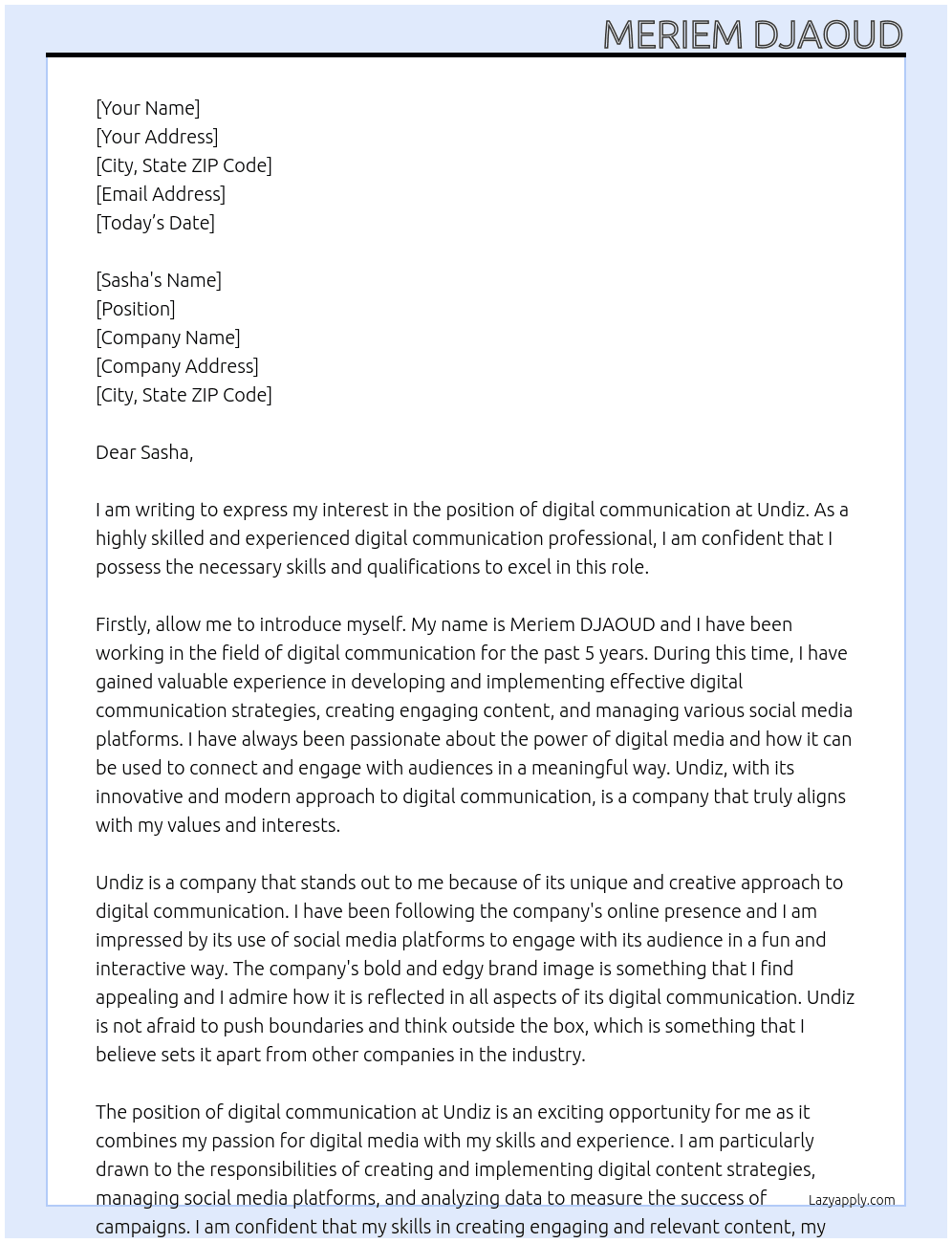 digital communication At undiz Cover Letter