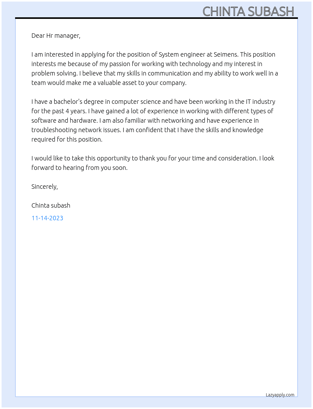 System engineer  At Seimens Cover Letter