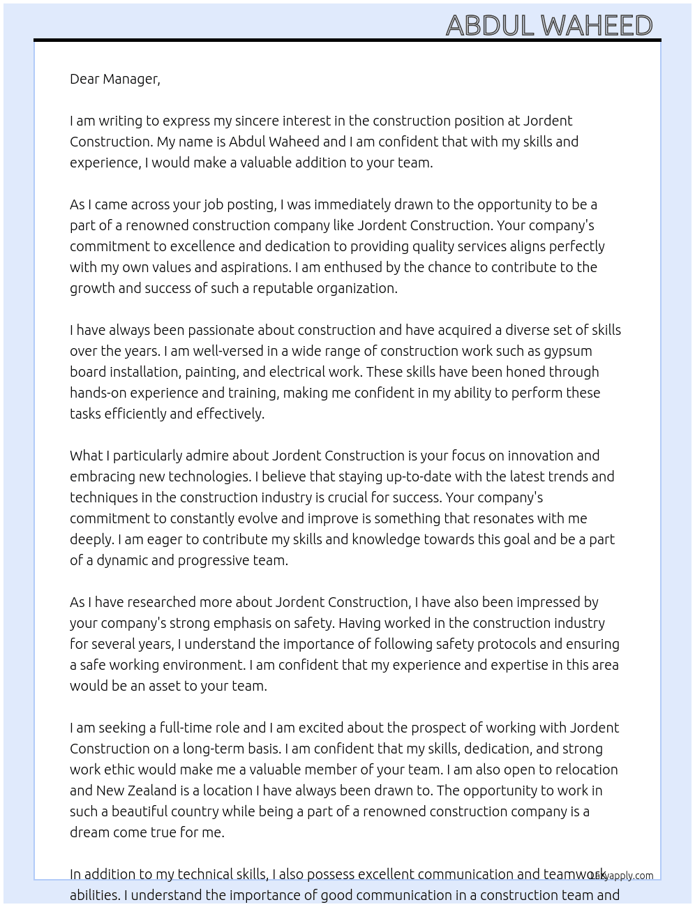 Construction  At Jordent construction  Cover Letter