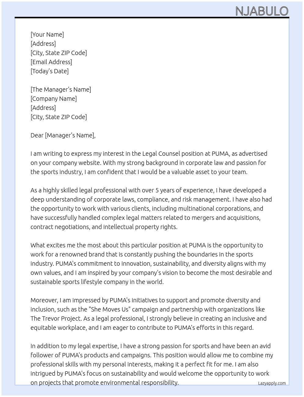 Legal Counsel At PUMA Cover Letter