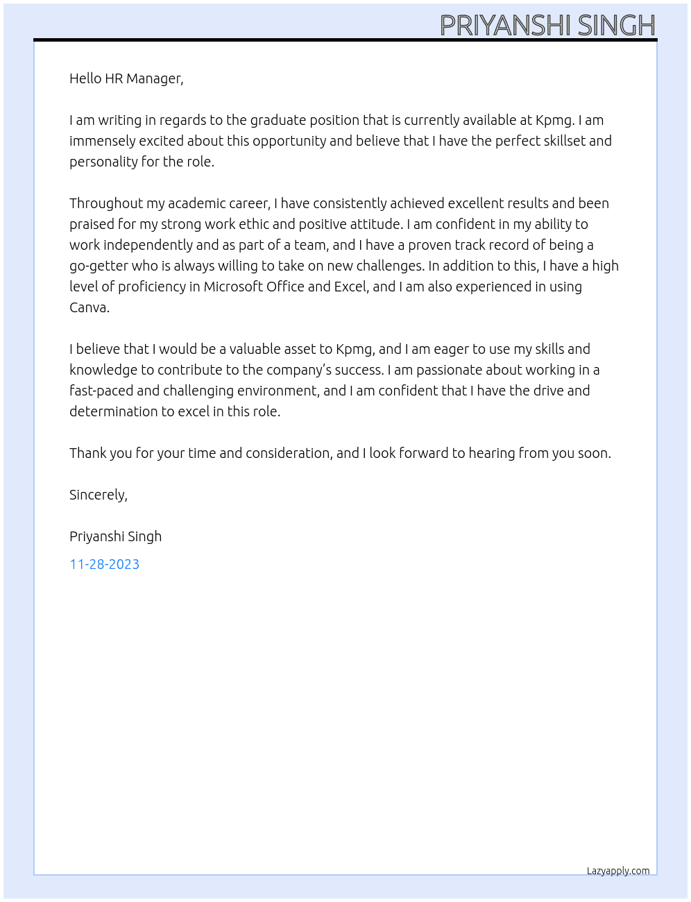 Graduate At Kpmg Cover Letter
