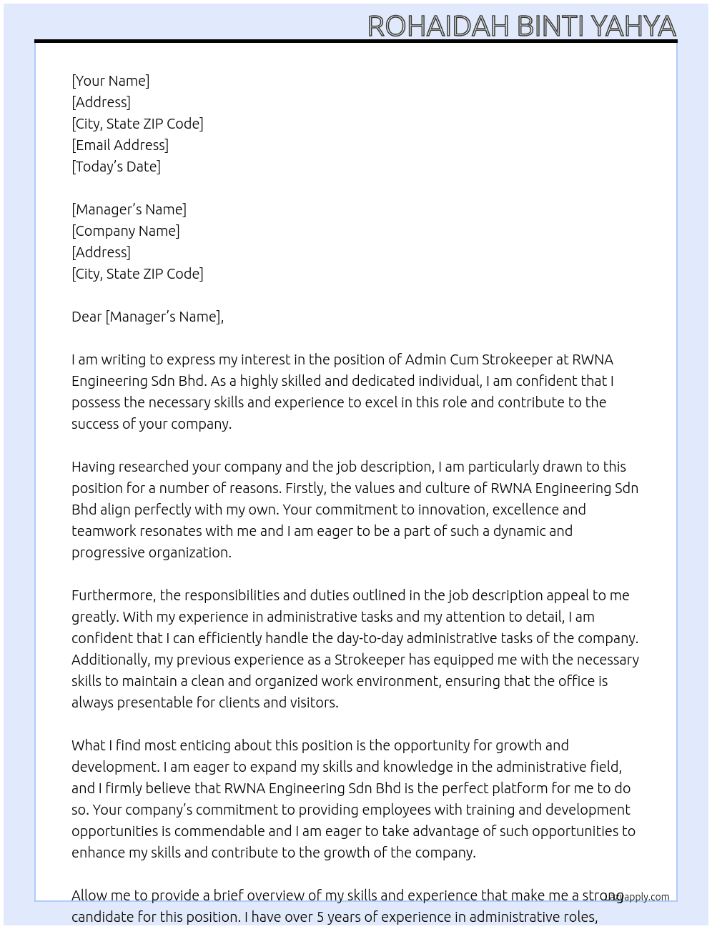 Admin Cum Strokeeper At RWNA Engineering Sdn Bhd Cover Letter
