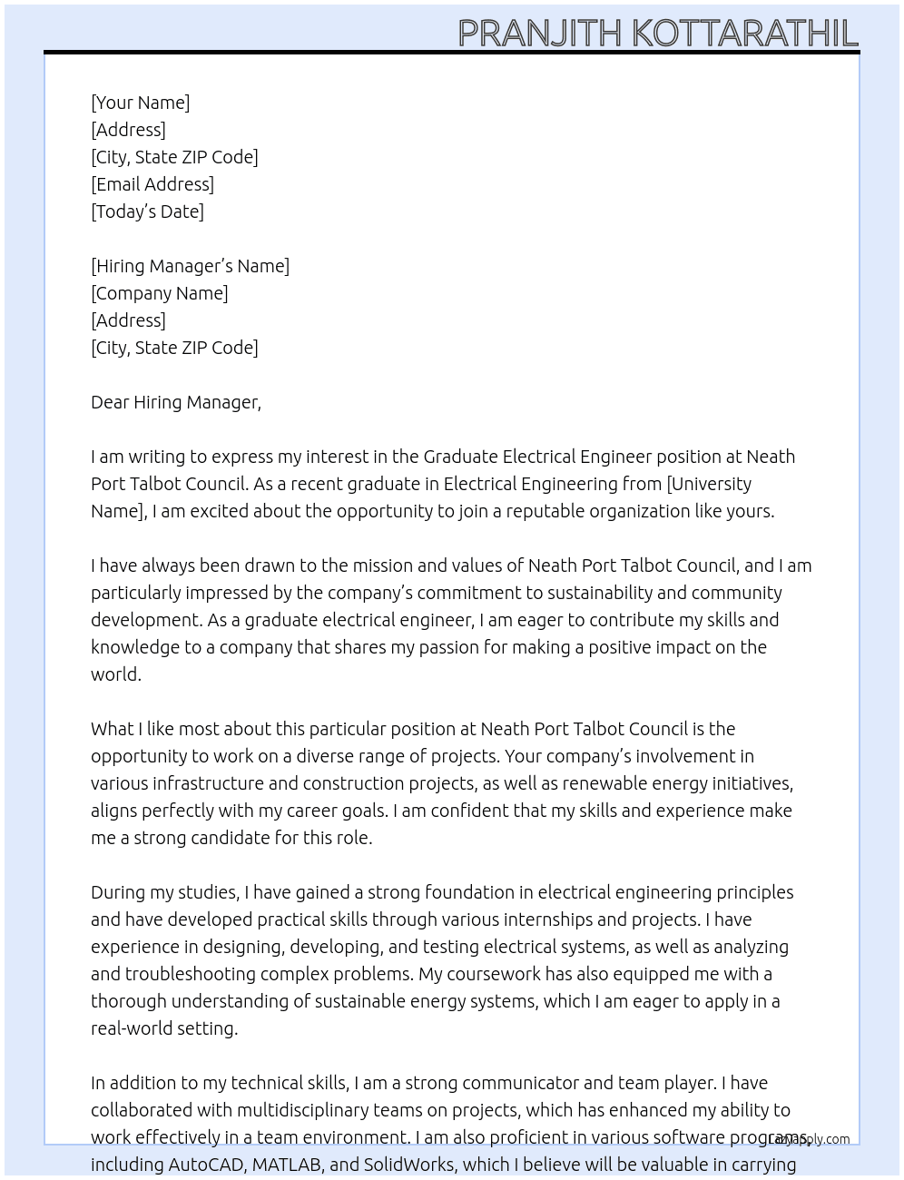 Graduate Electrical Engineer At Neath Port Talbot Council Cover Letter