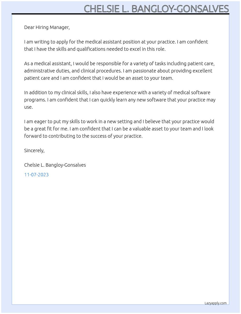 Medical Assistant At Medical Practice Cover Letter