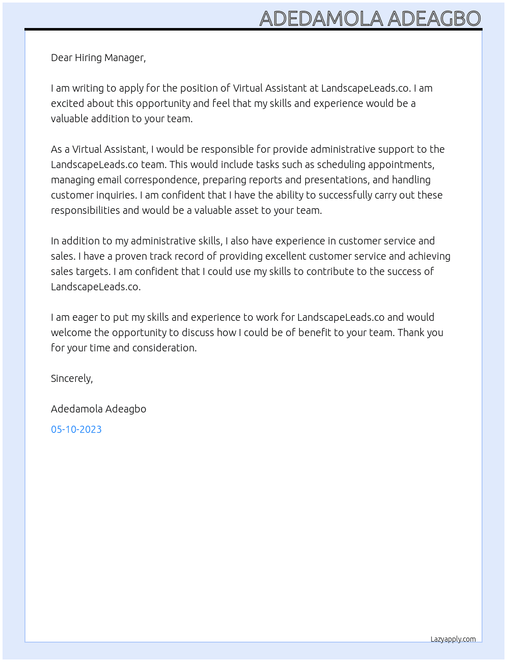 Virtual Assistant At LandscapeLeads.co Cover Letter