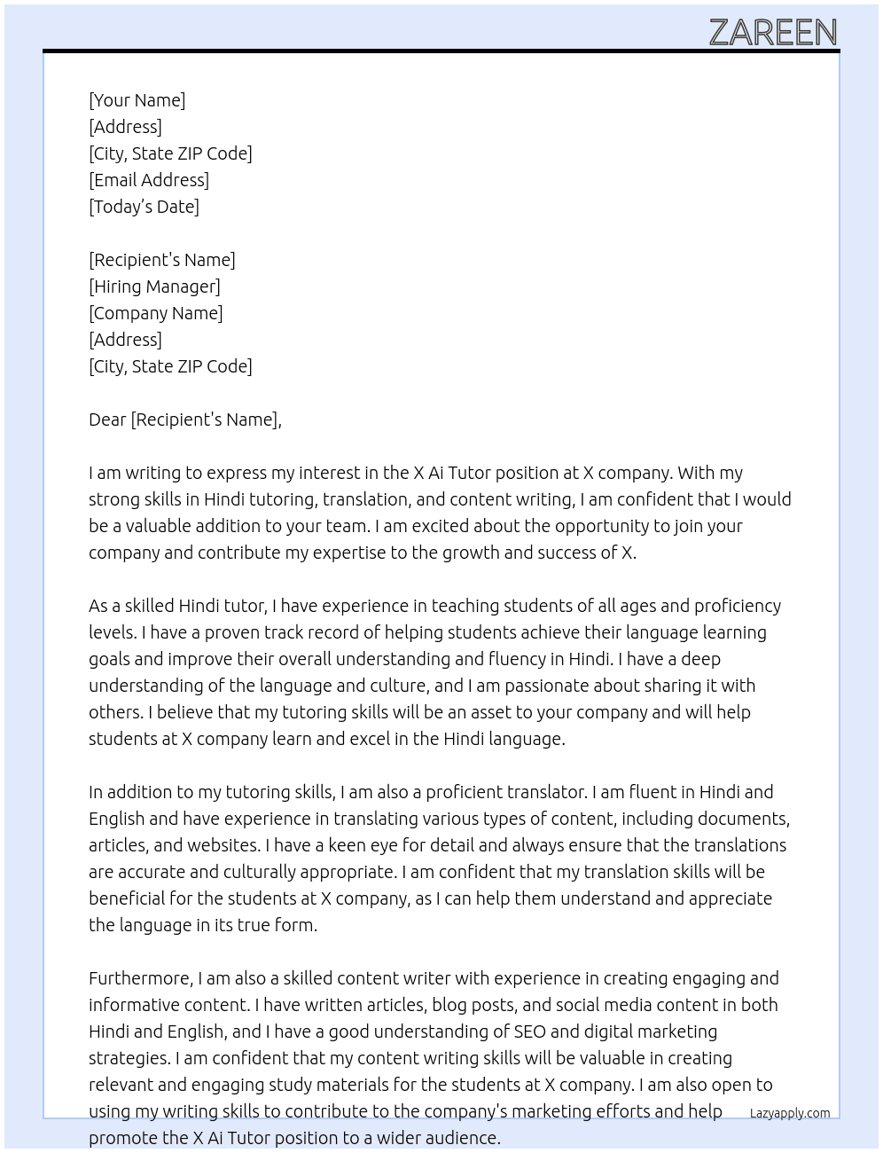 X Ai tutor  At X  Cover Letter
