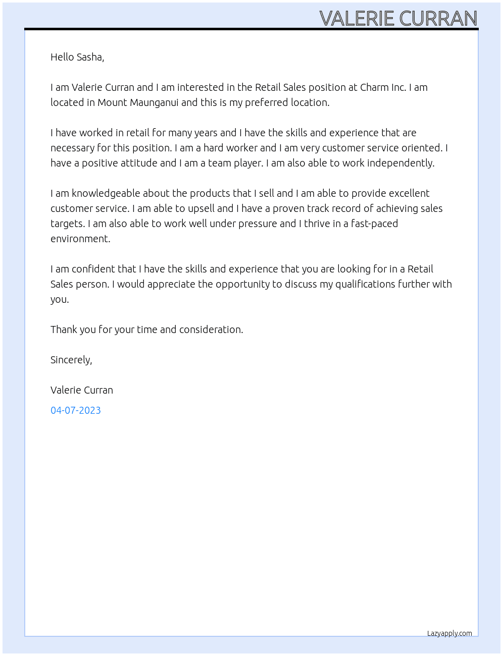 Retail sales At Charm Inc Cover Letter