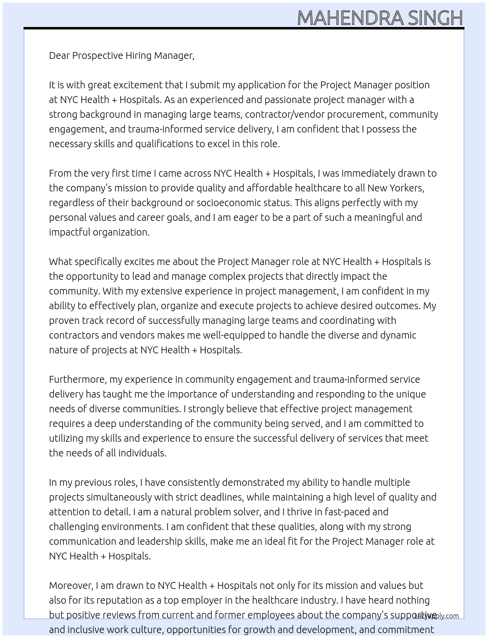 Project Manager At NYC Health + Hospitals Cover Letter