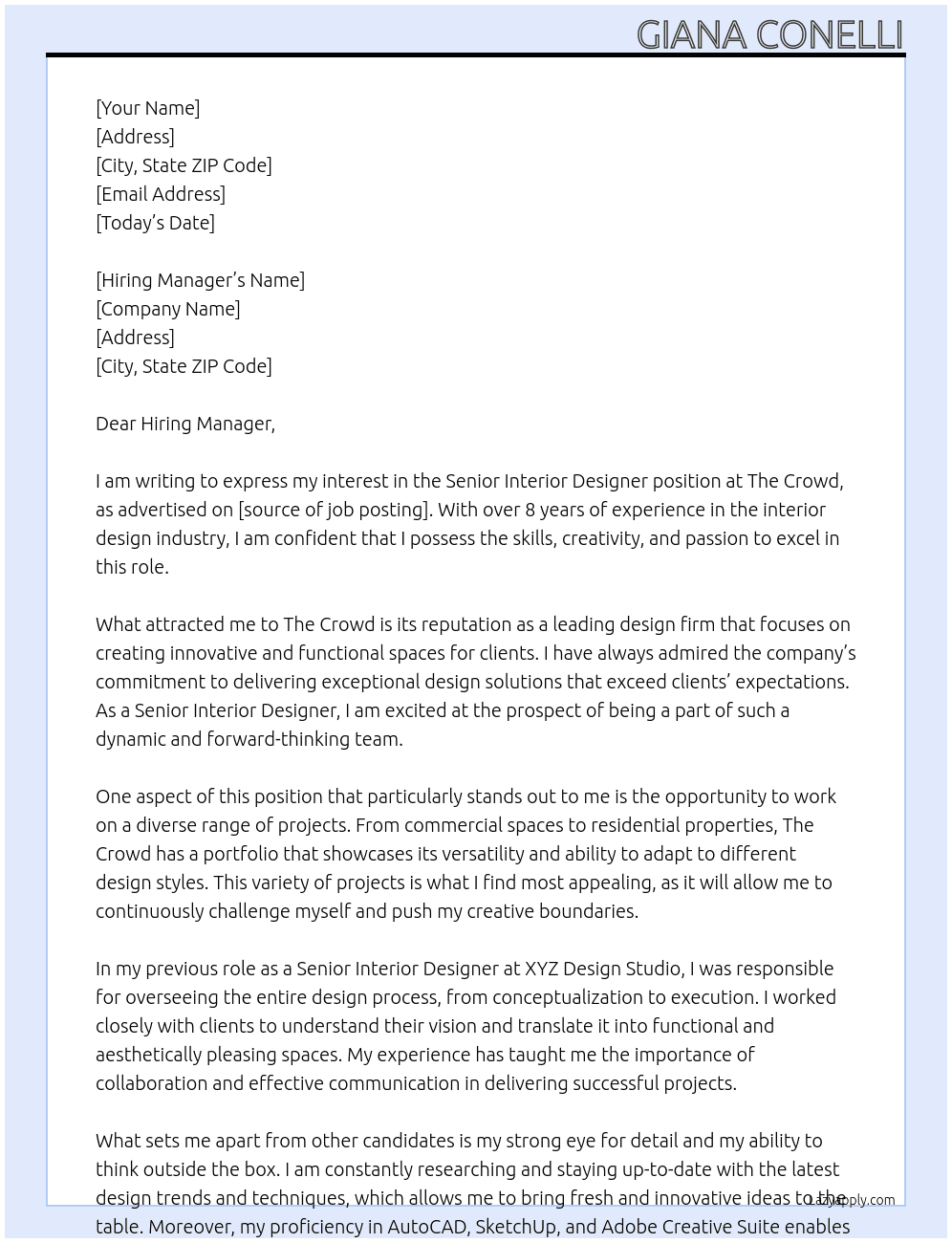 Senior Interior Designer  At The Crowd Cover Letter