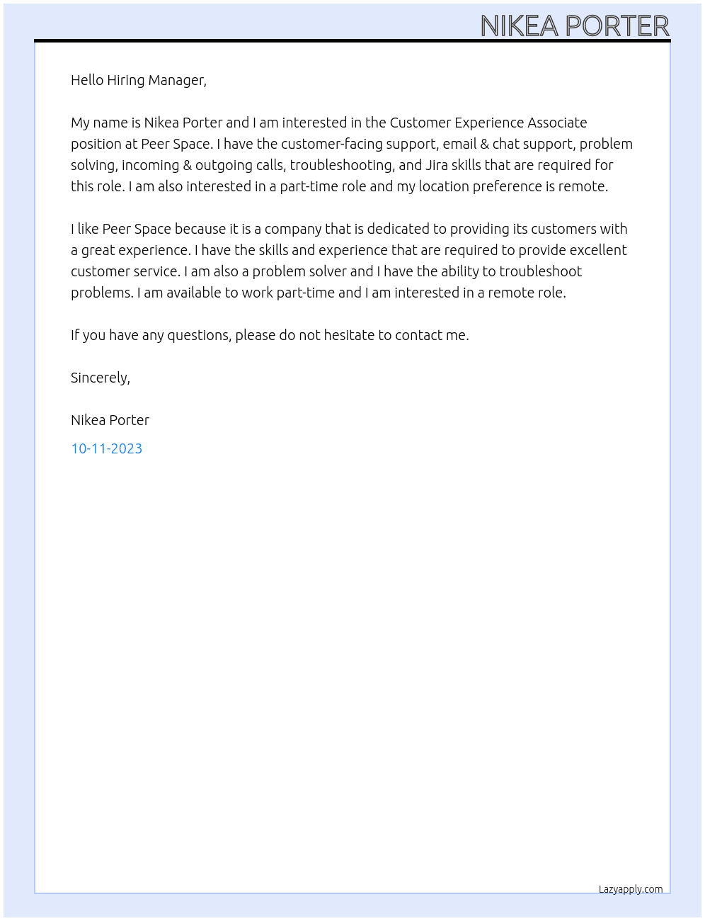 Customer Experience Associate At Peer Space Cover Letter