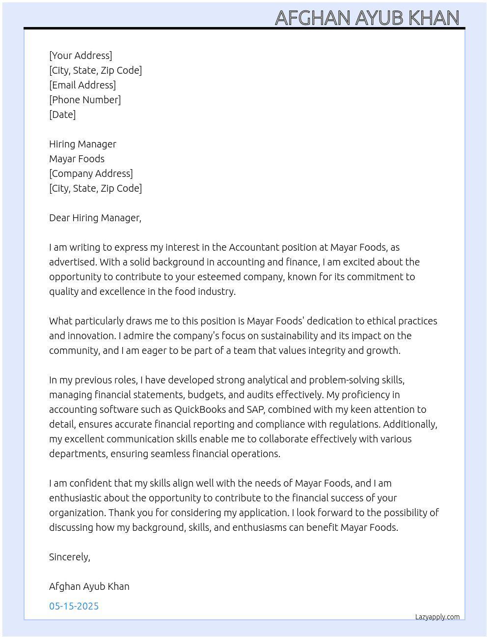 Accountant  At Mayar foods  Cover Letter