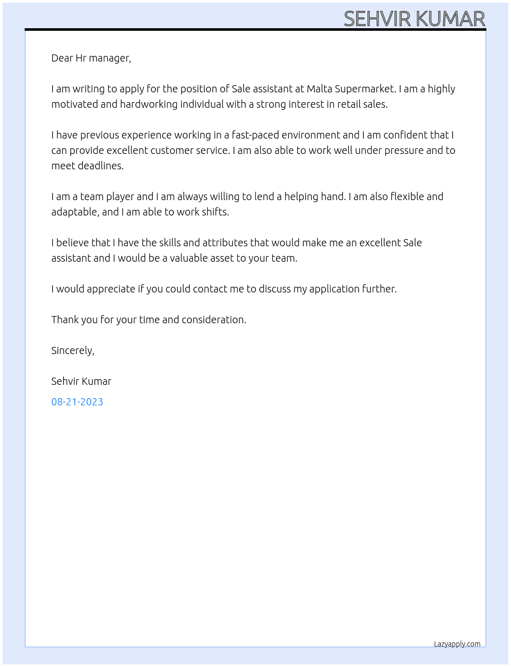 SALE ASSISTANT At Malta Supermarket Cover Letter