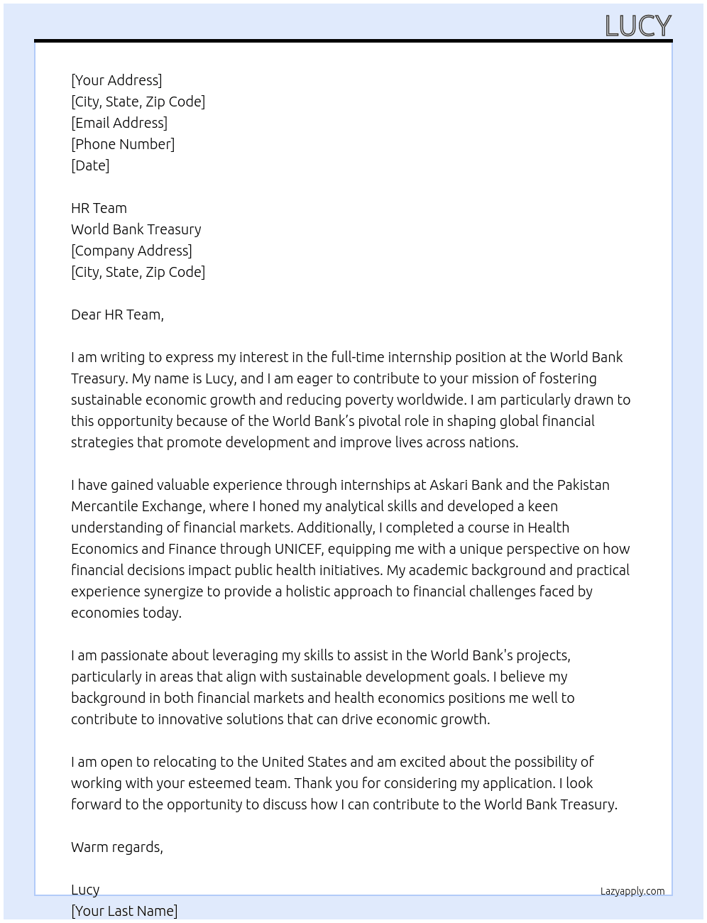 internship  At world bank treausry   Cover Letter