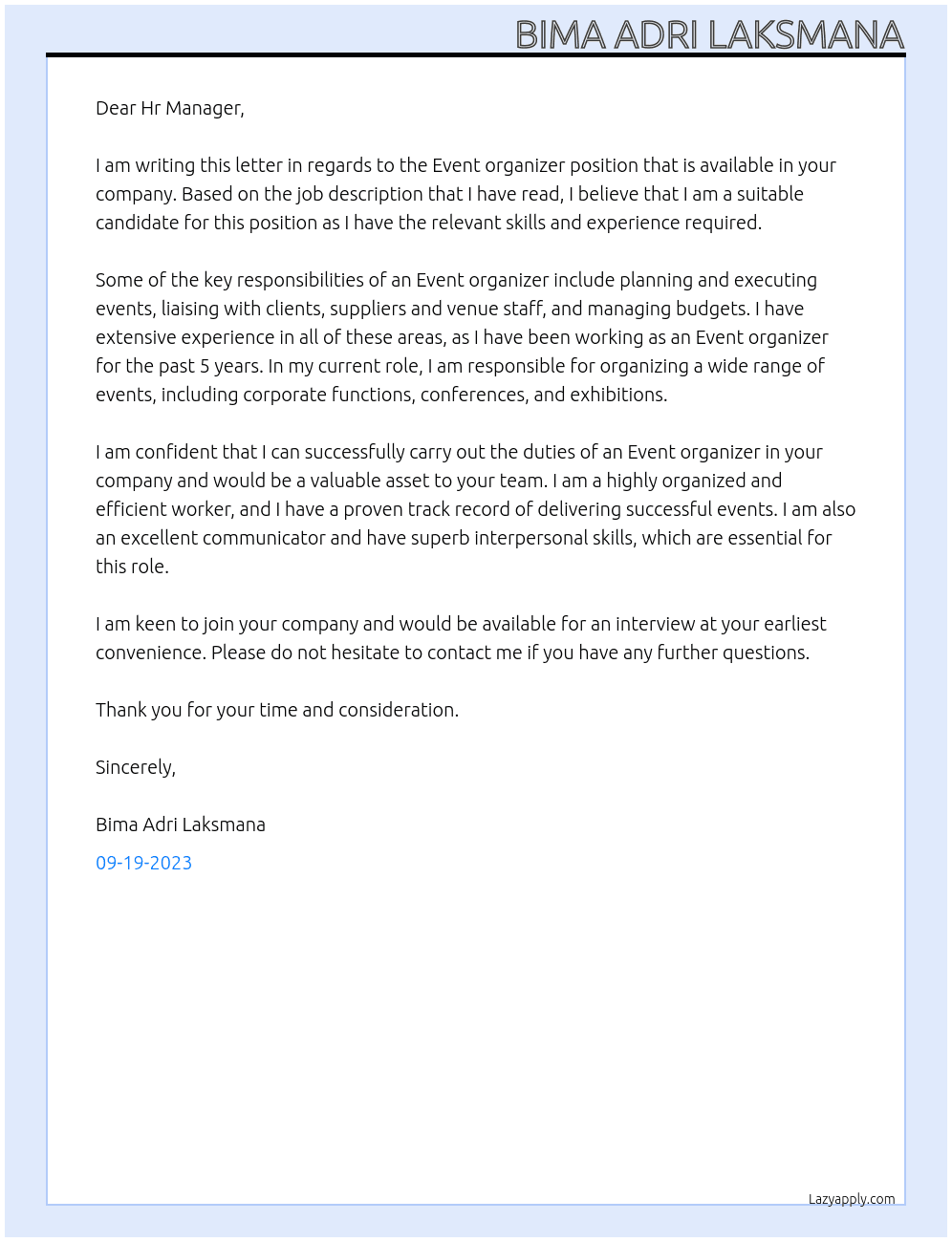 Event organizer At Kebun raya Cover Letter