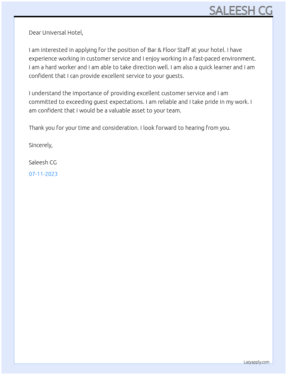 Bar & Floor Staff At Universal Hotel Cover Letter
