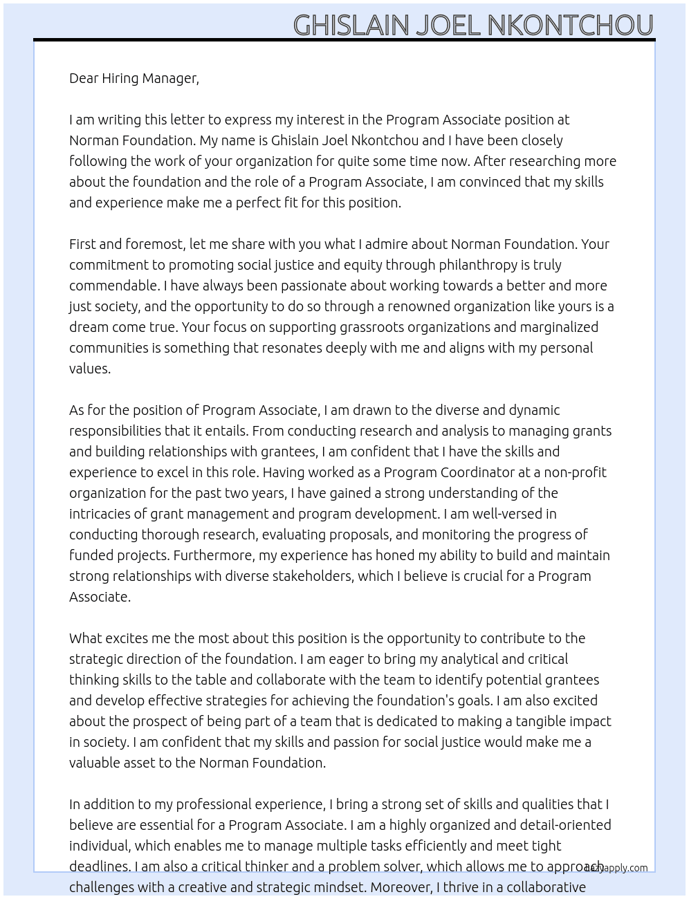 Program Associate At Norman Foundation Cover Letter
