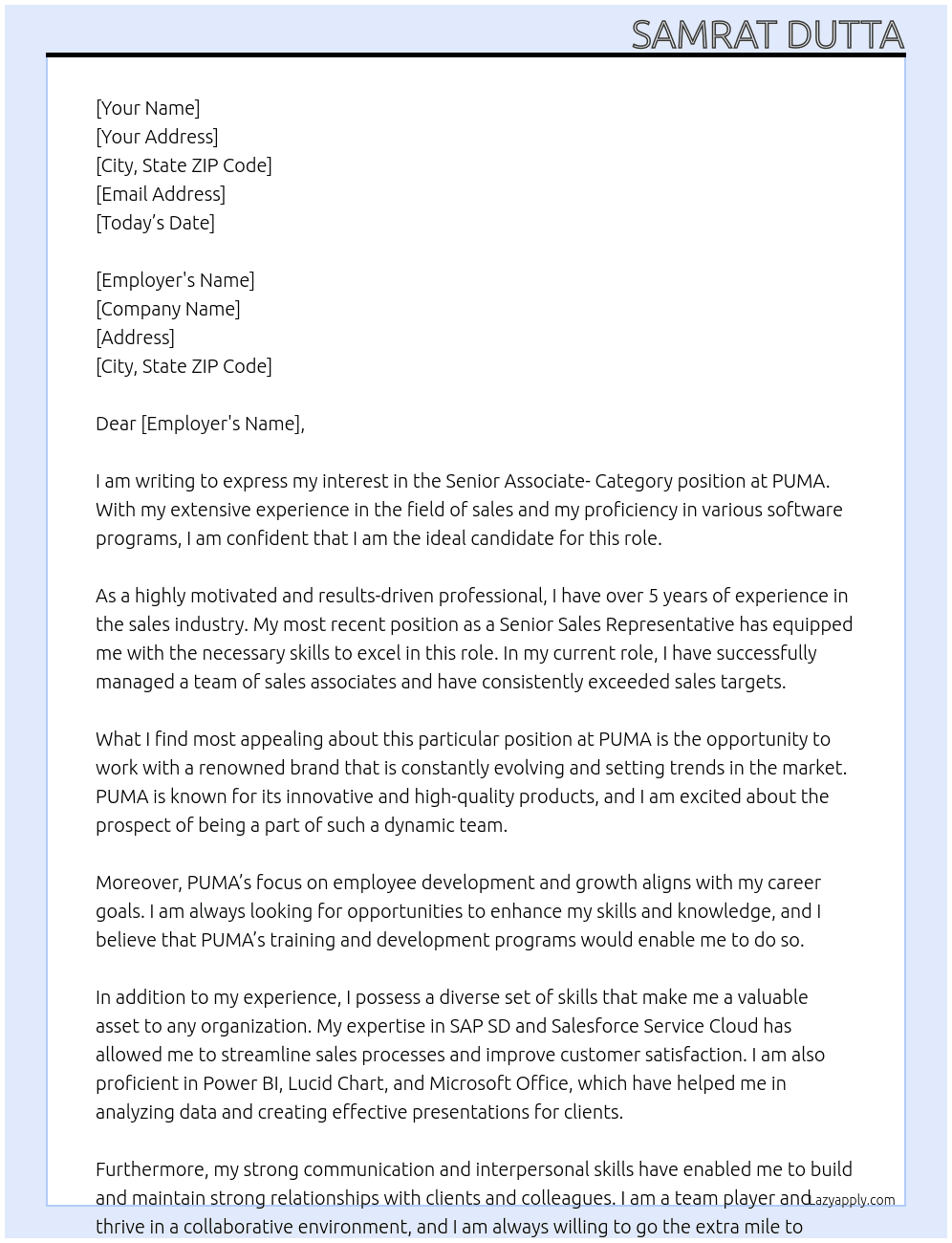 Senior Associate- Category  At PUMA  Cover Letter