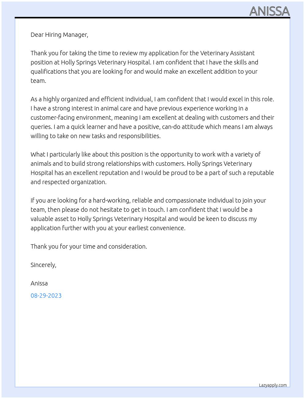 Veterinary Assistant At Holly Springs Veterinary Hospital Cover Letter