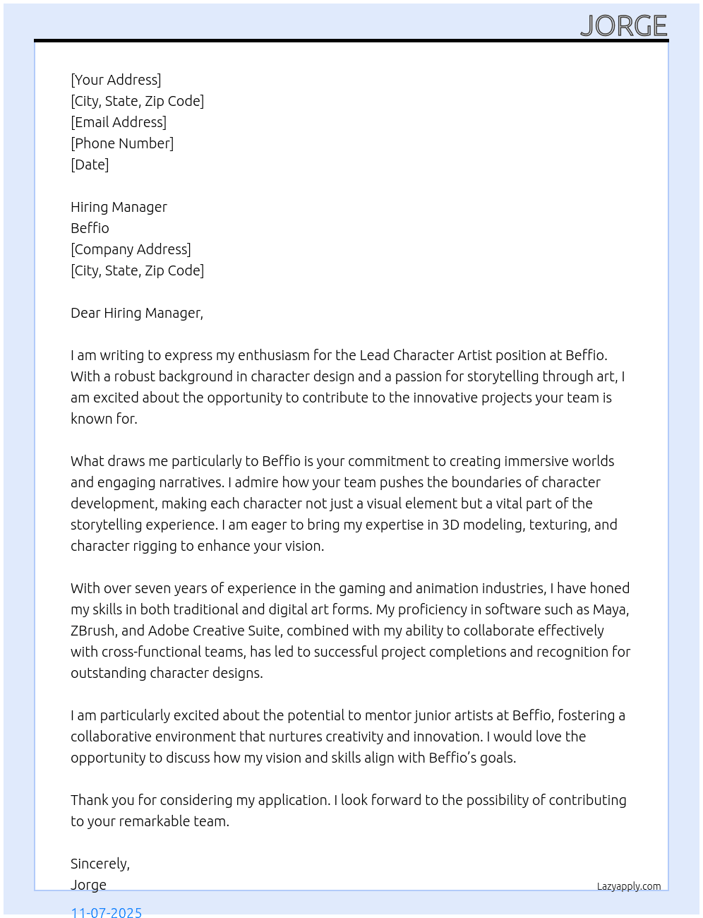 Lead character artist  At Beffio Cover Letter