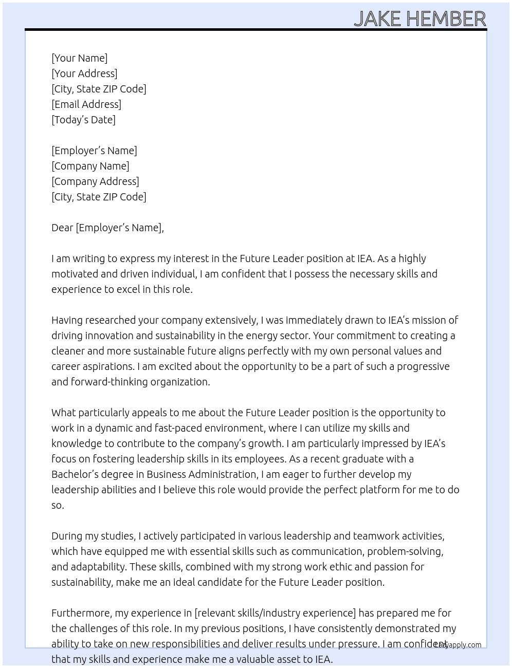 Future Leder At IEA Cover Letter
