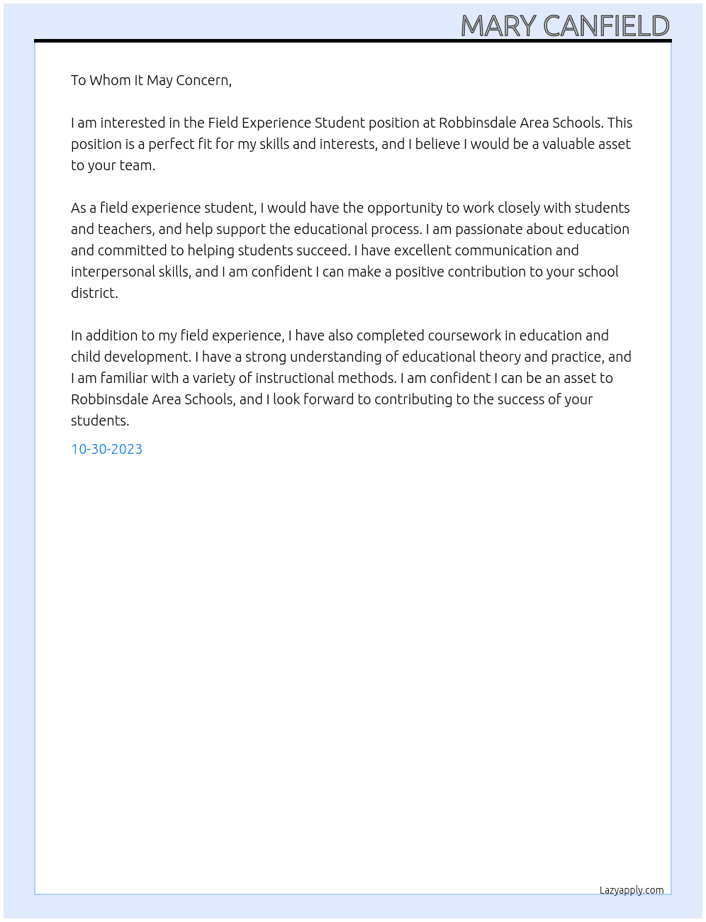 Field Experience Student At Robbinsdale Area Schools Cover Letter