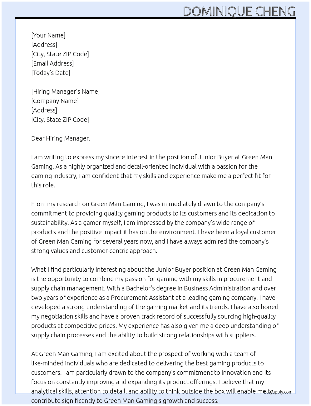 Junior Buyer At Green Man Gaming  Cover Letter