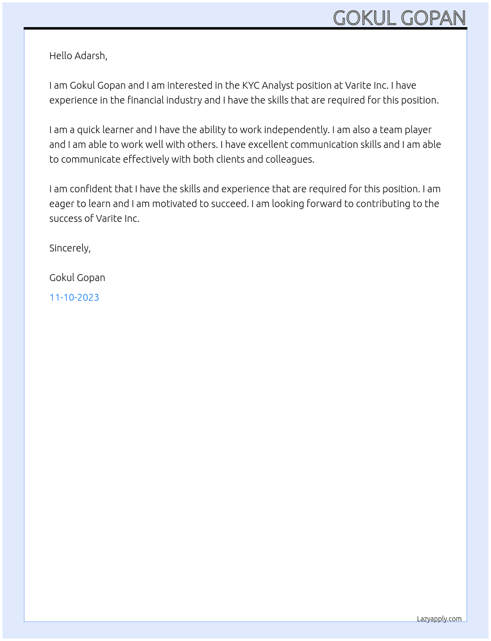 KYC ANALYST At VARITE INC Cover Letter