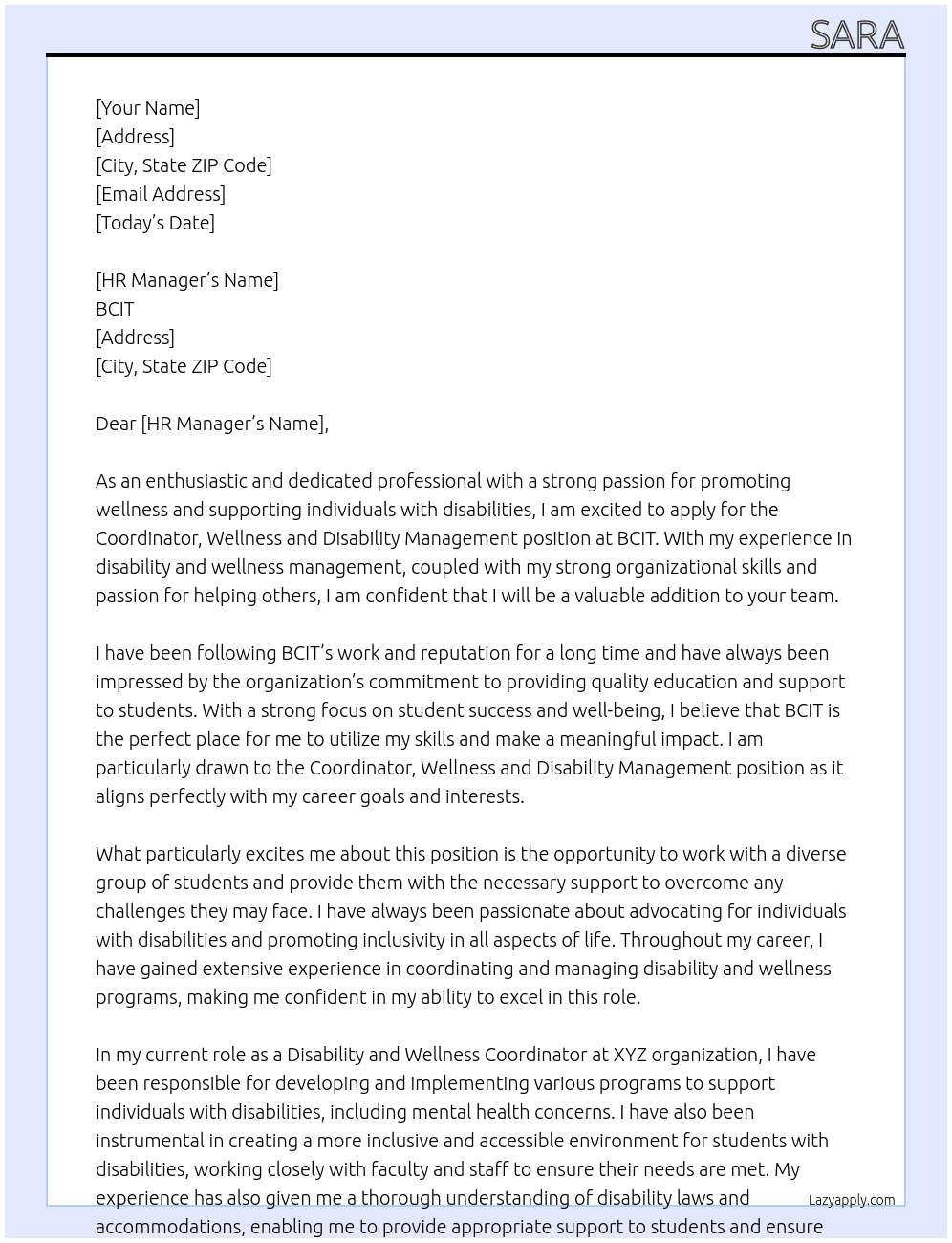 Coordinator, Wellness and Disability Management At BCIT Cover Letter
