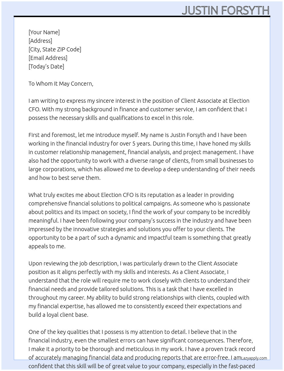 Client Associate At Election CFO Cover Letter