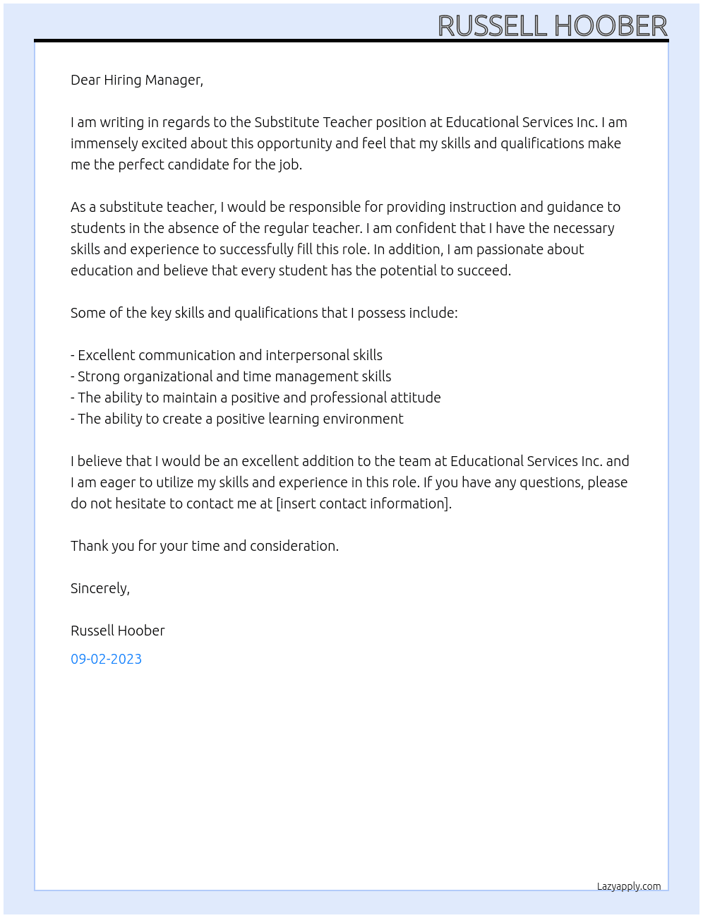 Substitute teacher At educational services inc Cover Letter