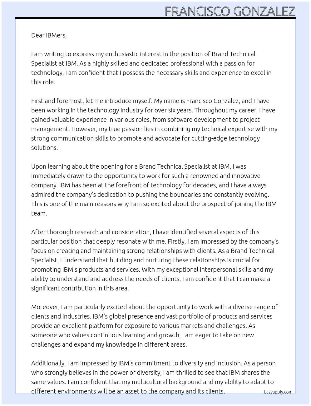 Cover letter for brand technical specialist - LazyApply