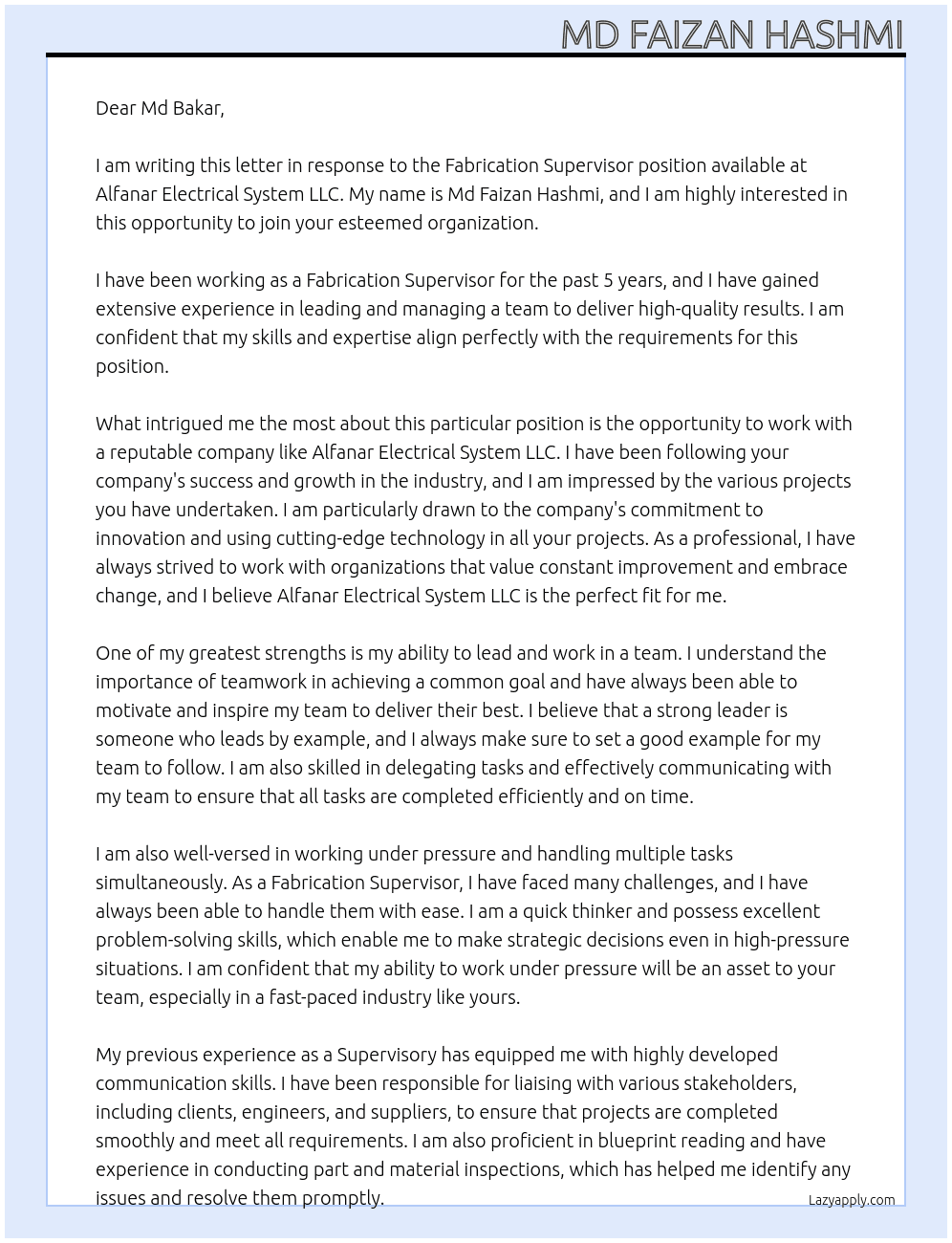 Fabrication supervisor At Alfanar electrical system llc. Cover Letter