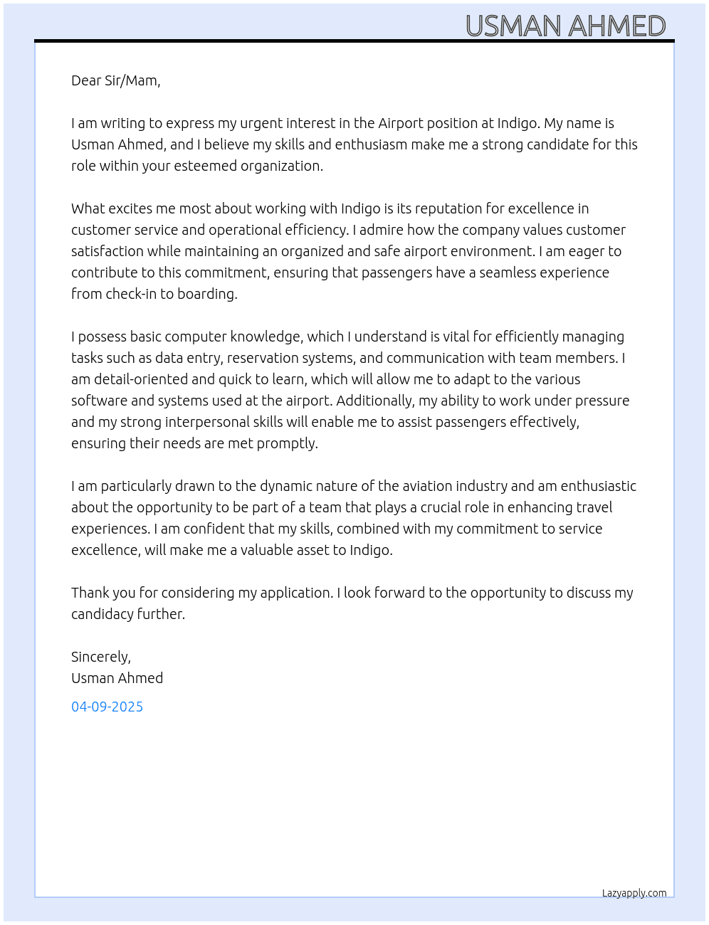 Airport  At Indigo  Cover Letter