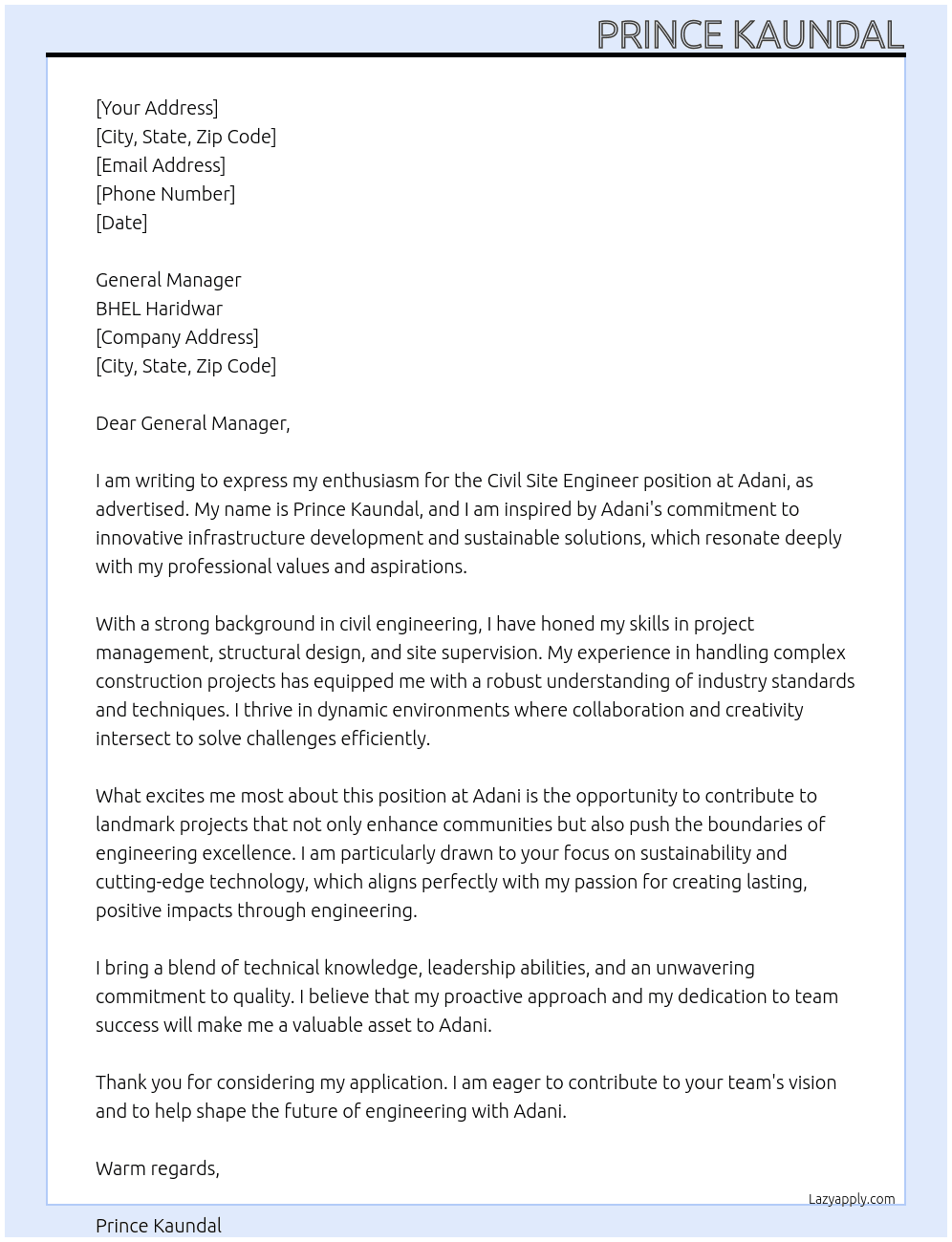 Civil site engineer  At Adani Cover Letter