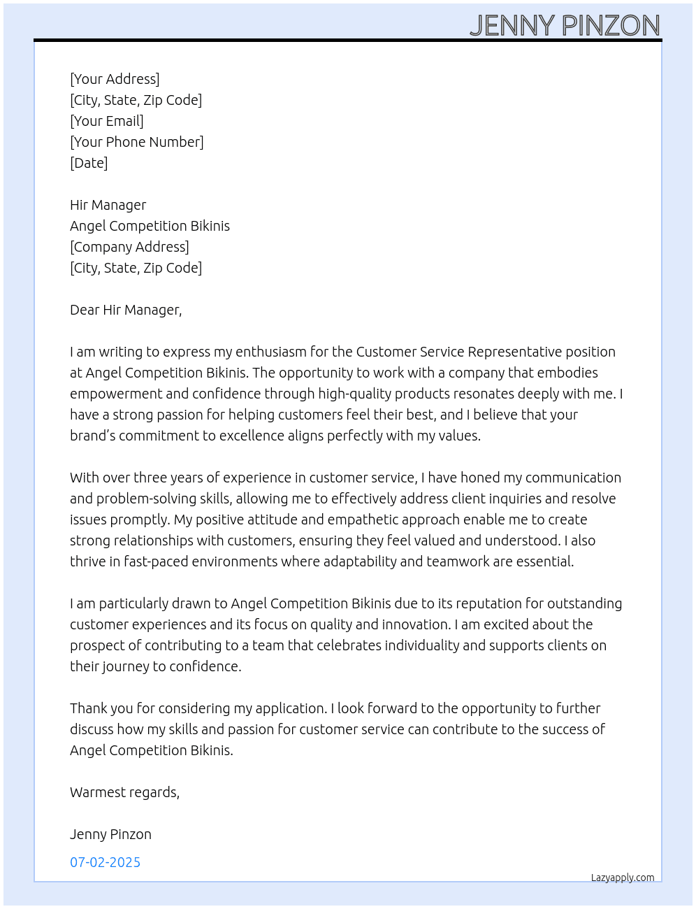 Customer service representative  At Angel Competition Bikinis Cover Letter