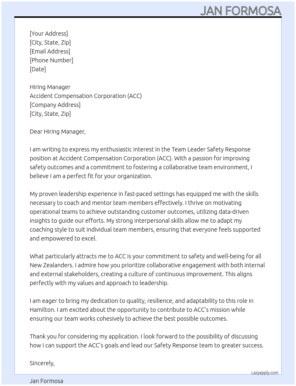 Cover letter for team leader safety response - LazyApply