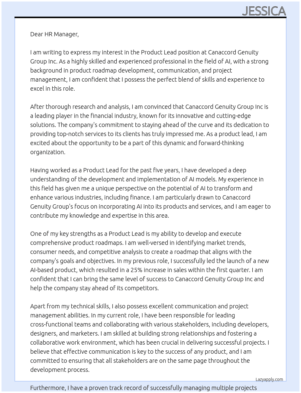 Product Lead At Canaccord Genuity Group Inc Cover Letter