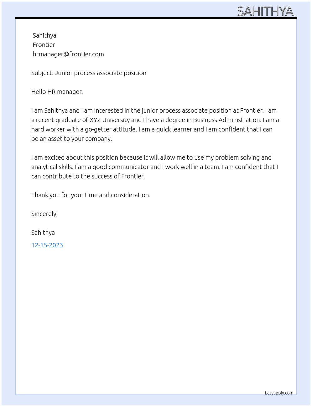 Junior process associate  At Frontier  Cover Letter