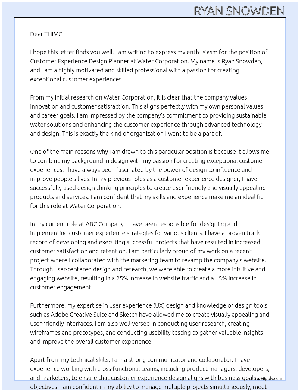 Customer Experience Design Planner At Water Corporation Cover Letter