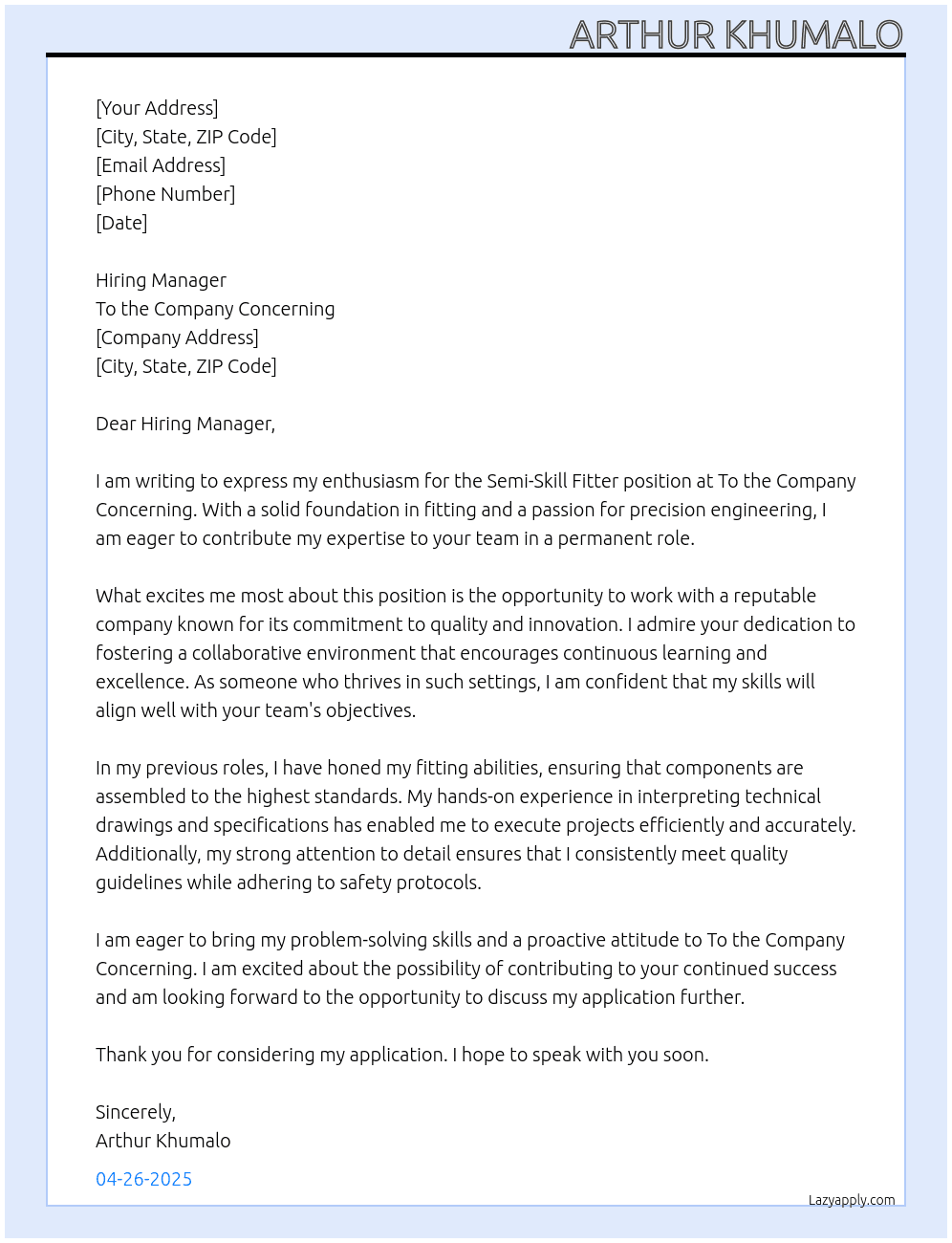 Cover letter for semi-skill fitter - LazyApply