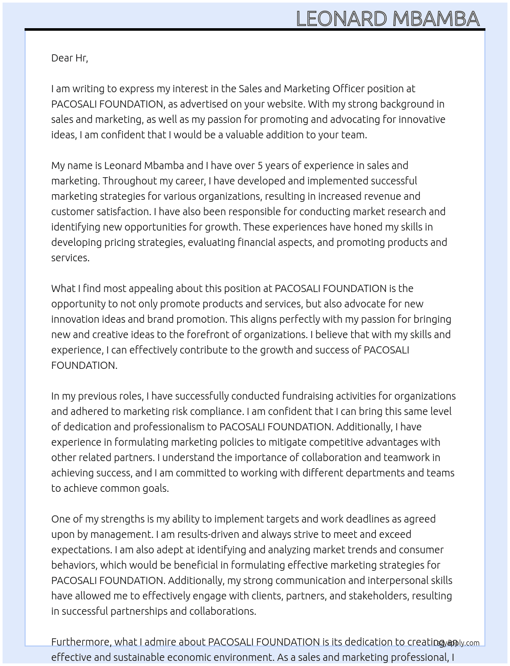Sales and Marketing Officer  At PACOSALI FOUNDATION Cover Letter