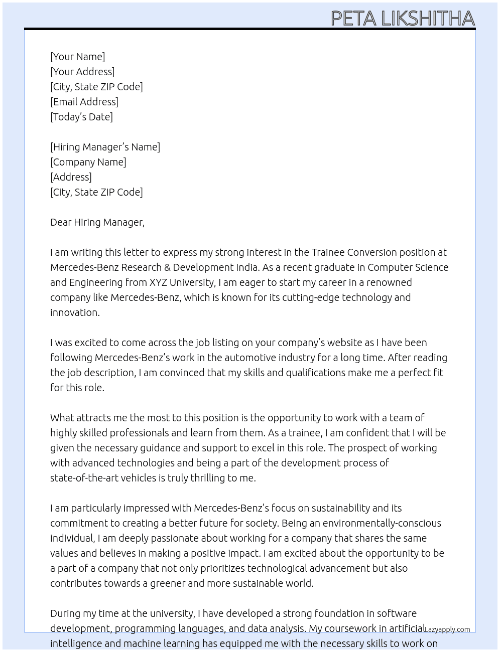 Trainee Conversion At Mercedes-Benz Research & Development India Cover Letter