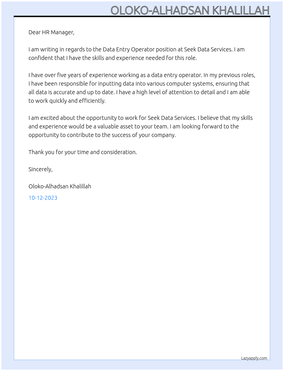 Data Entry Operator At Seek Data Services  Cover Letter