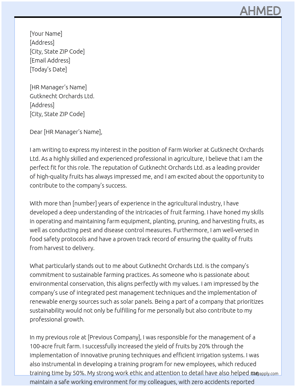 farm worker, fruit At Gutknecht Orchards Ltd. Cover Letter