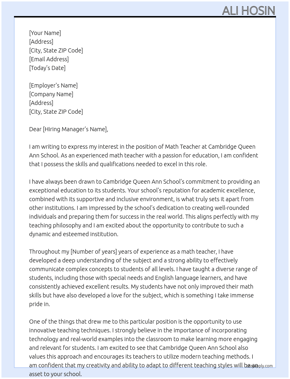 Math teacher At Cambridge queen Ann School Cover Letter