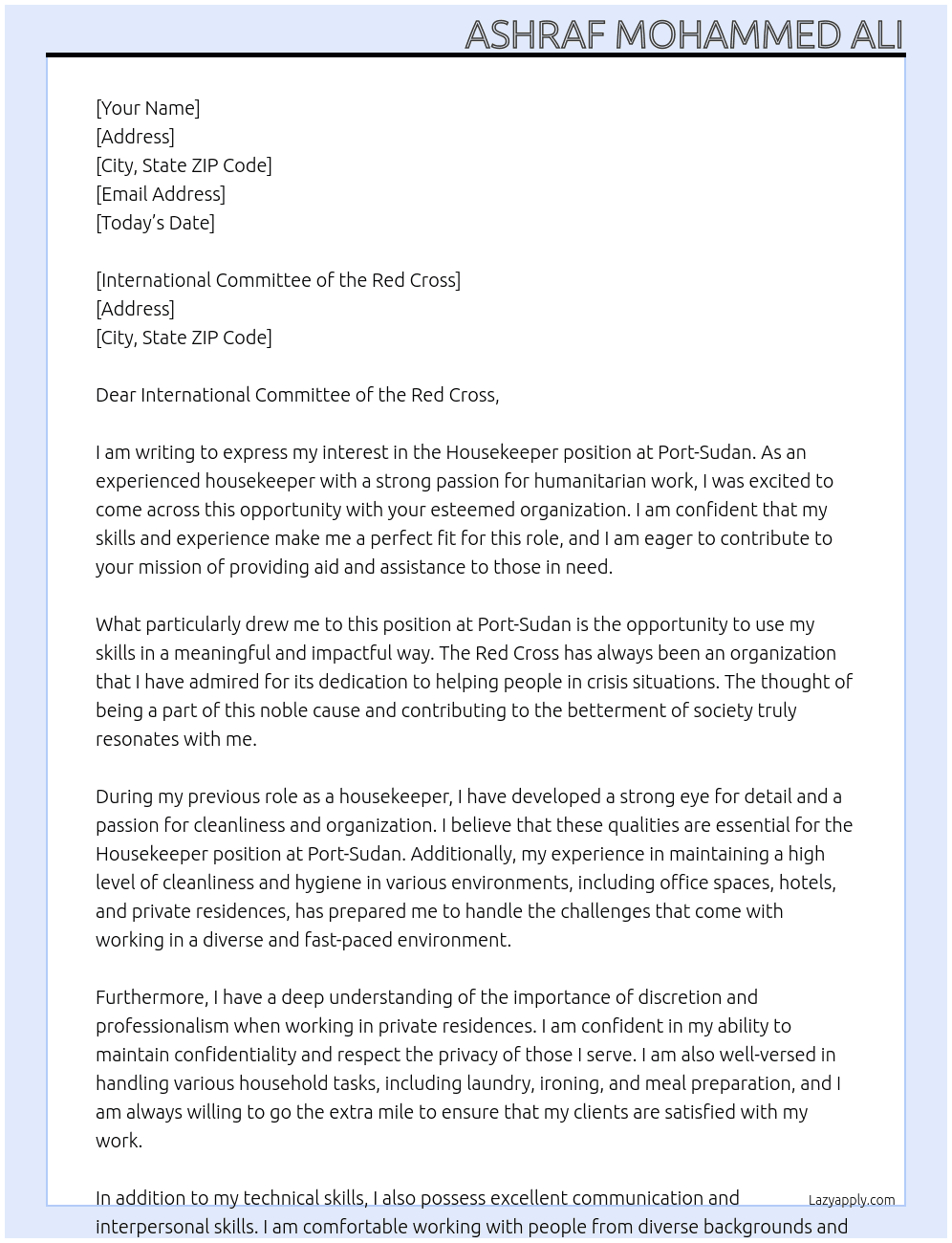 Housekeeper At Port-Sudan Cover Letter