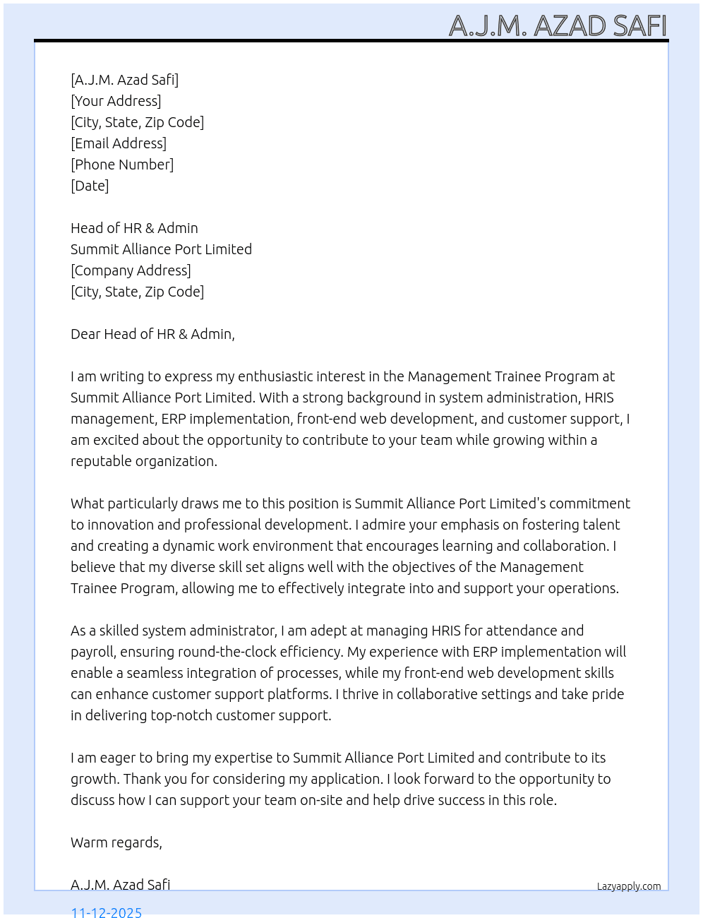 Management Trainee Program At Summit Alliance Port Limited Cover Letter