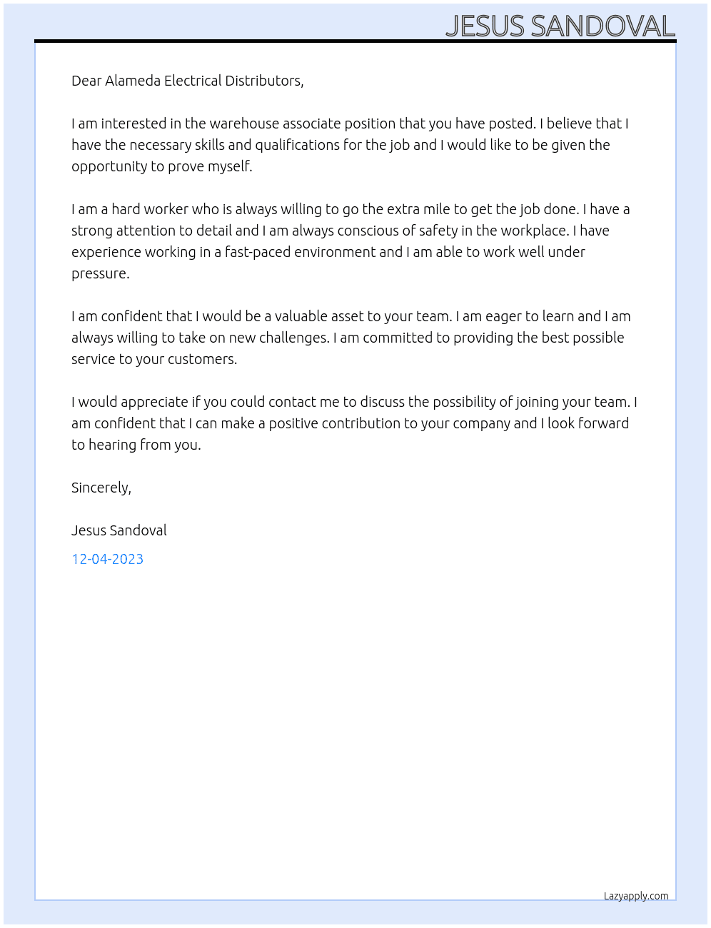 Warehouse associate At Alameda Electrical Distributors Cover Letter